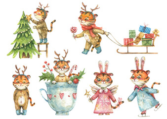 Christmas set of cute hand-drawn tiger cubs dressed as a deer and a cute bunny. The animals are getting ready for the holiday.
