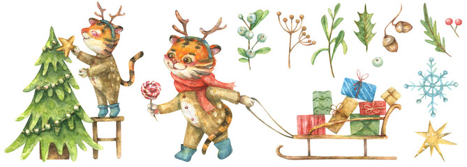 Christmas watercolor illustration of a cute tiger cub dressed in a deer costume getting ready for the holiday.