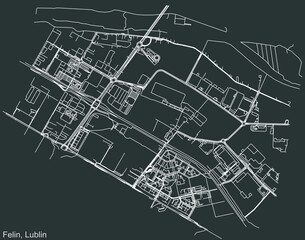 Detailed negative navigation urban street roads map on dark gray background of the quarter Felin district of the Polish regional capital city of Lublin, Poland