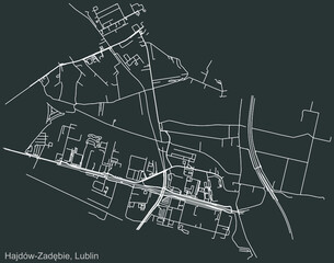 Detailed negative navigation urban street roads map on dark gray background of the quarter Hajdów-Zadębie district of the Polish regional capital city of Lublin, Poland