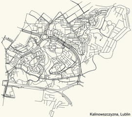 Fototapeta na wymiar Detailed navigation urban street roads map on vintage beige background of the quarter Kalinowszczyzna district of the Polish regional capital city of Lublin, Poland