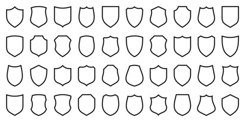 Set of various vintage shield icons. Black heraldic shields. Protection and security symbol, label. Line art. Vector illustration.
