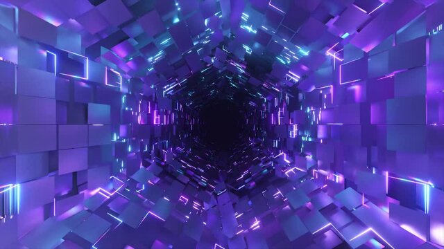 Flying inside a neon hexagonal tunnel vr animation. Background futuristic animation. Chaotic distribution of polygons. Seamless loop animation.