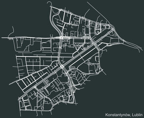 Detailed negative navigation urban street roads map on dark gray background of the quarter Konstantynów district of the Polish regional capital city of Lublin, Poland
