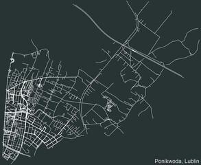 Detailed negative navigation urban street roads map on dark gray background of the quarter Ponikwoda district of the Polish regional capital city of Lublin, Poland