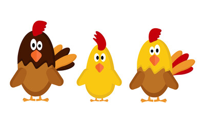 A set of seven chickens on a white background for use in web design or clipart