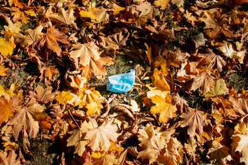 Blue medical hygiene mask on the ground in maple leaves. Concept of modern version of environmental pollution by medical masks.
