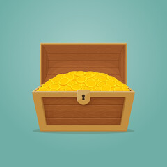 Old wooden chest with open lid full of gold coins. Pirate treasure, reward, cash, money icon. Cartoon style illustration. Vector. © Tatiana Zhzhenova