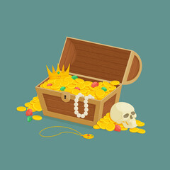 Old wooden chest with open lid full of gold with piles of coins, gemstones, pearl necklace, golden crown and skull. Pirate treasure, reward, danger, exploration,. Cartoon style illustration. Vector.