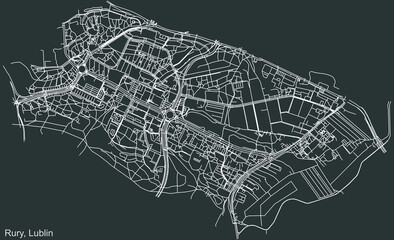 Detailed negative navigation urban street roads map on dark gray background of the quarter Rury district of the Polish regional capital city of Lublin, Poland