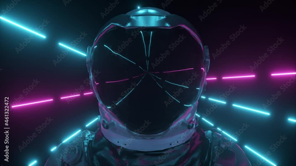 Poster astronaut in neon space close-up. bright rays of neon fly by. 3d animation of a seamless loop.
