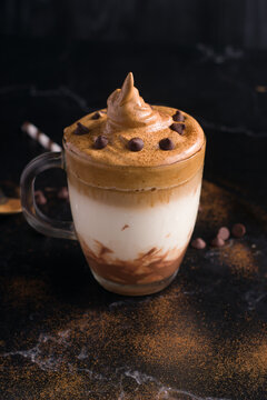 Delicious Dalgona coffee with chocolate chips