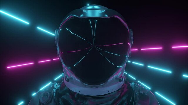 Astronaut in neon space close-up. Bright rays of neon fly by. 3d animation of a seamless loop.