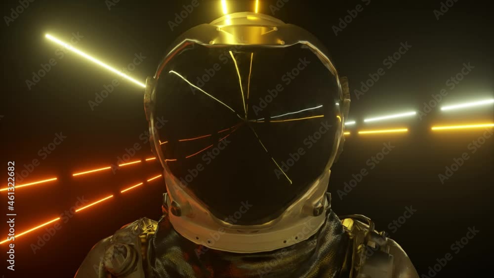 Poster astronaut in neon space close-up. bright rays of neon fly by. 3d animation of a seamless loop.