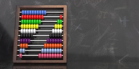 Count learning. Traditional abacus, school black chalkboard background, copy space. 3d illustration © Rawf8