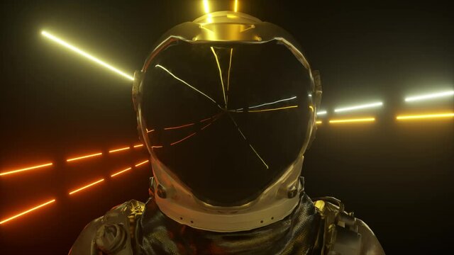 Astronaut in neon space close-up. Bright rays of neon fly by. 3d animation of a seamless loop.