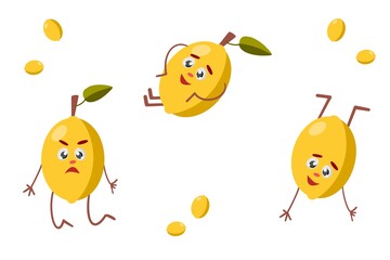Set of cute and funny yellow lemons in comic style with arms and legs, cartoon vector illustration
