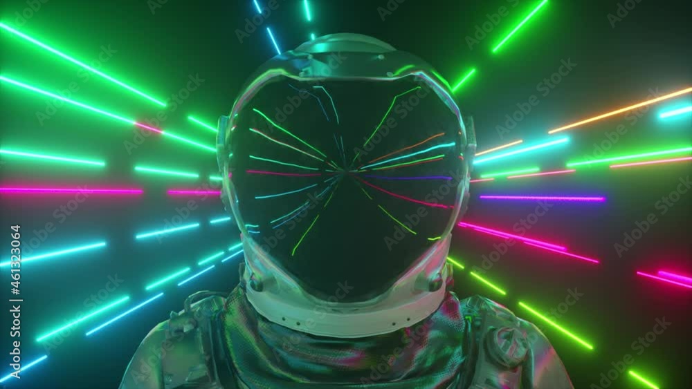 Poster astronaut in neon space close-up. bright rays of neon fly by. 3d animation of a seamless loop.