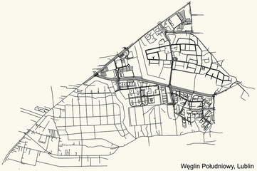 Fototapeta na wymiar Detailed navigation urban street roads map on vintage beige background of the quarter Węglin Południowy district of the Polish regional capital city of Lublin, Poland