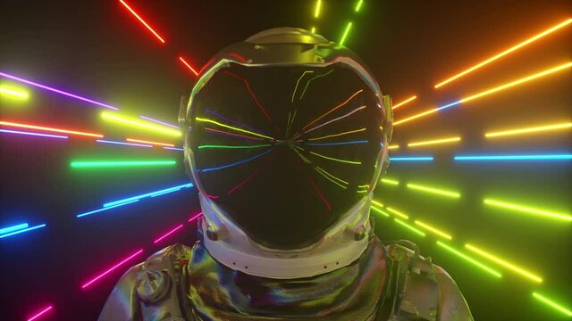 Astronaut in neon space close-up. Bright rays of neon fly by. 3d animation of a seamless loop.