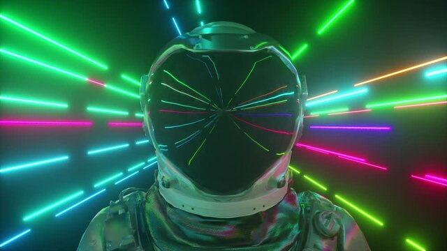 Astronaut in neon space close-up. Bright rays of neon fly by. 3d animation of a seamless loop.
