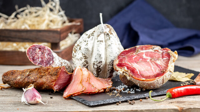 Traditional dry cured meat products on the table