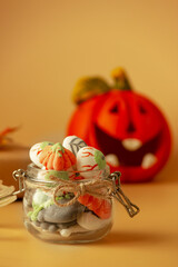 A creative idea for serving a sweet marshmallow snack for Halloween. Selective focus. Halloween concept