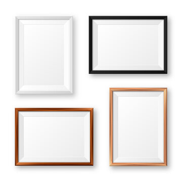 Realistic isolated black, white and wooden picture frames with shadow. Blank poster mockup. Empty photo frame. Vector illustration.