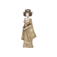 Woman dressed in kimono. Vintage vector hatching color illustration