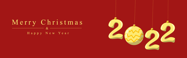 The concept of the New Year - 2022. The inscription Merry Christmas. Vector illustration in cartoon style on a red background