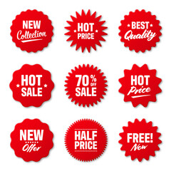 Realistic red price tags collection. Special offer or shopping discount label. Retail paper sticker. Promotional sale badge. Vector illustration.
