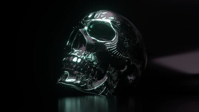 Human skull with metal accents close-up. Horror and halloween fear concept. 3d animation