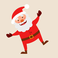 full Santa Claus with his arms spread stands on one leg. Cartoon character