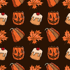 Cute Autumn Seamless Pattern With Pumpkins, Fall Leaves, Coffee, Croissant, Cakes.