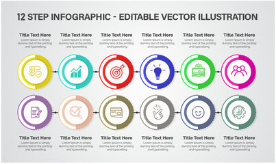 12 Steps Infographics Design Template - Graph, Pie chart, workflow layout, cycling diagram, brochure, report, presentation, web design. Editable Vector illustration