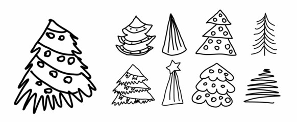 set of hand-drawn doodle Christmas trees. Stylized Christmas trees for New Year and Christmas greeting cards, decorations of festive packaging