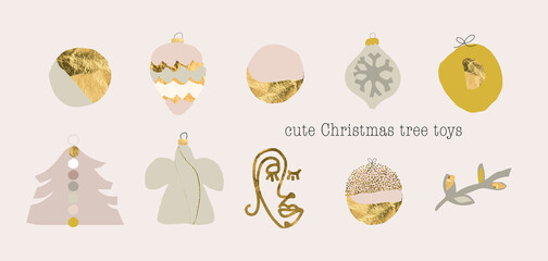 Set of chic Merry Christmas greeting cards or postcards with decorative xmas cute little elements