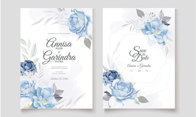 Fototapeta na wymiar Romantic Wedding invitation card template set with beautiful blue floral leaves Premium Vector