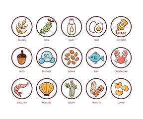 Food allergen icon set. Icons of the main ingredients that must be declared as allergens. Very useful for restaurant menus and meals. Colorful vector icons.