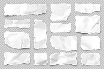 Ripped paper strips on transparent background. Realistic crumpled paper scraps with torn edges. Shreds of notebook pages. Vector illustration.