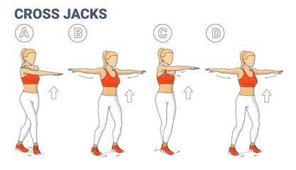 Girl Doing Cross Jacks Home Workout Exercise Guide Illustration. Woman Works on Her Muscles Concept.