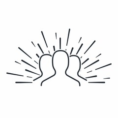 A group of people in the rays. Vector linear icon isolated on white background.