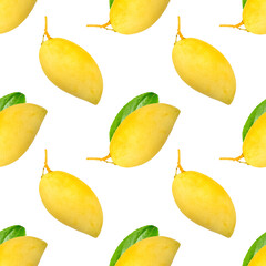 Yellow mango and green leaf on a white background. Seamless pattern for design of clothes, printing on paper for packaging. Tropical fruits concept