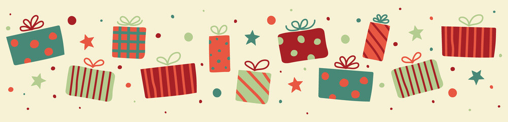 Concept of hand drawn Christmas gift boxes. Vector