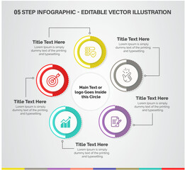 5 Steps Infographics Design Template - Graph, Pie chart, banner, timeline, workflow layout, squire diagram, brochure, report, presentation, web design. Editable Vector illustration