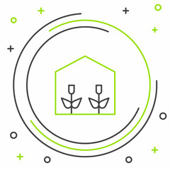 Line Home greenhouse and plants icon isolated on white background. Colorful outline concept. Vector