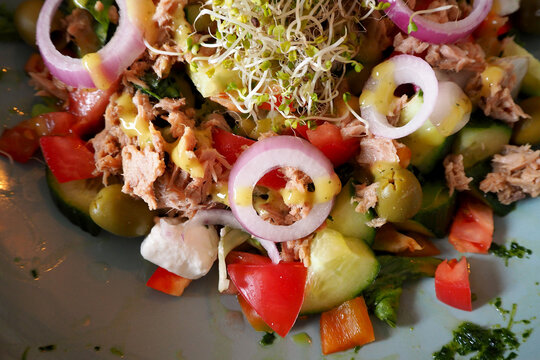 tuna salad with onion, cucumber, tomatoes, sweet red pepper, cucumbers and microgrin with honey sauce in a turquoise plate. top view