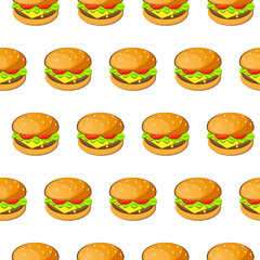 Burger, hamburger, cheeseburger vector seamless pattern. Tasty big juicy burgers with tomato, salad and cheese on white background.