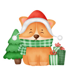  Watercolor Cute Cartoon corgi dog with santa hat for Christmas card.