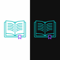 Line Ancient magic book with alchemy recipes and mystic spells and enchantments icon isolated on white and black background. Colorful outline concept. Vector